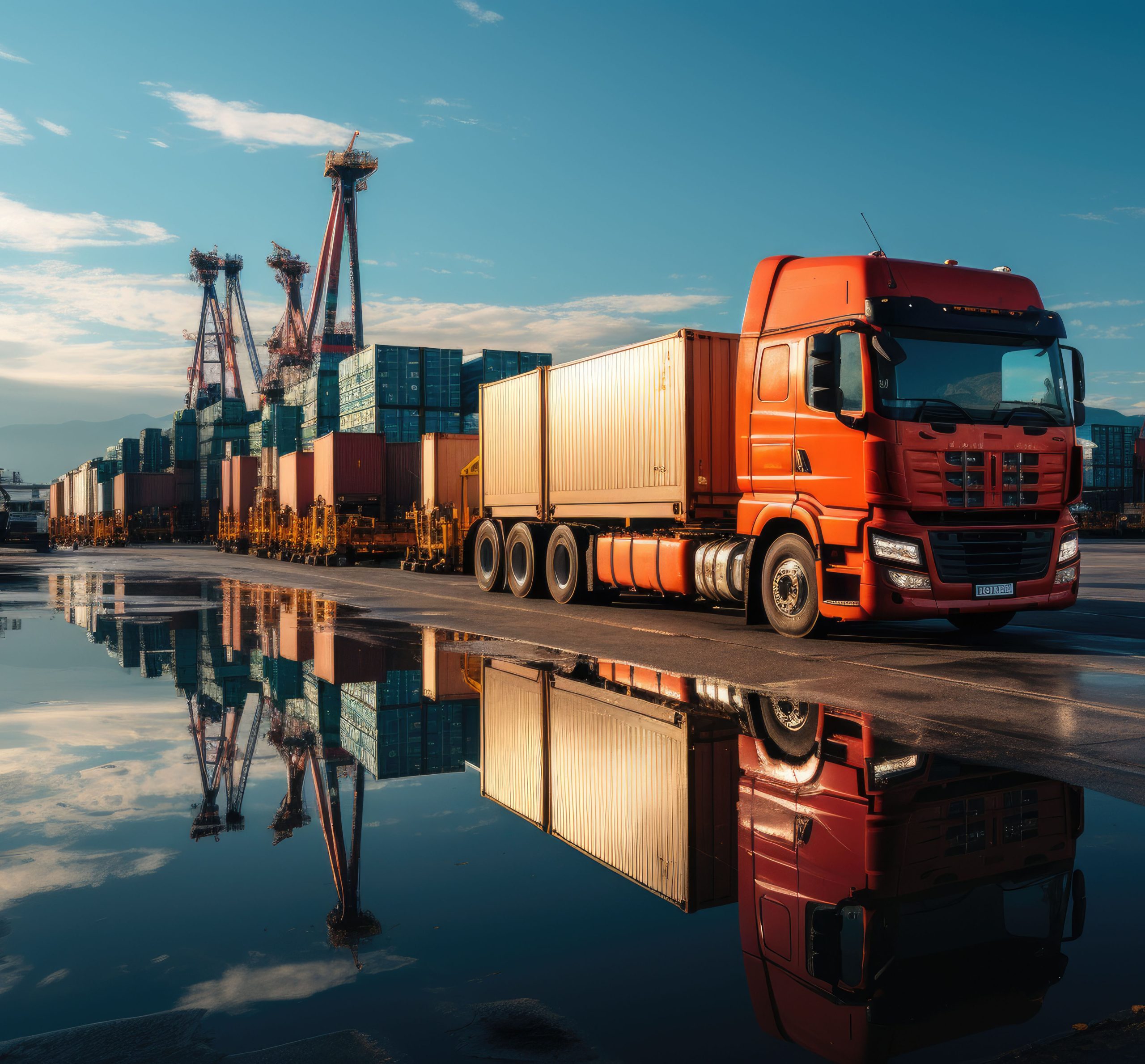 An image depicting logistics with a container truck, ship in port, and airplane for import export industry.by Generative AI.