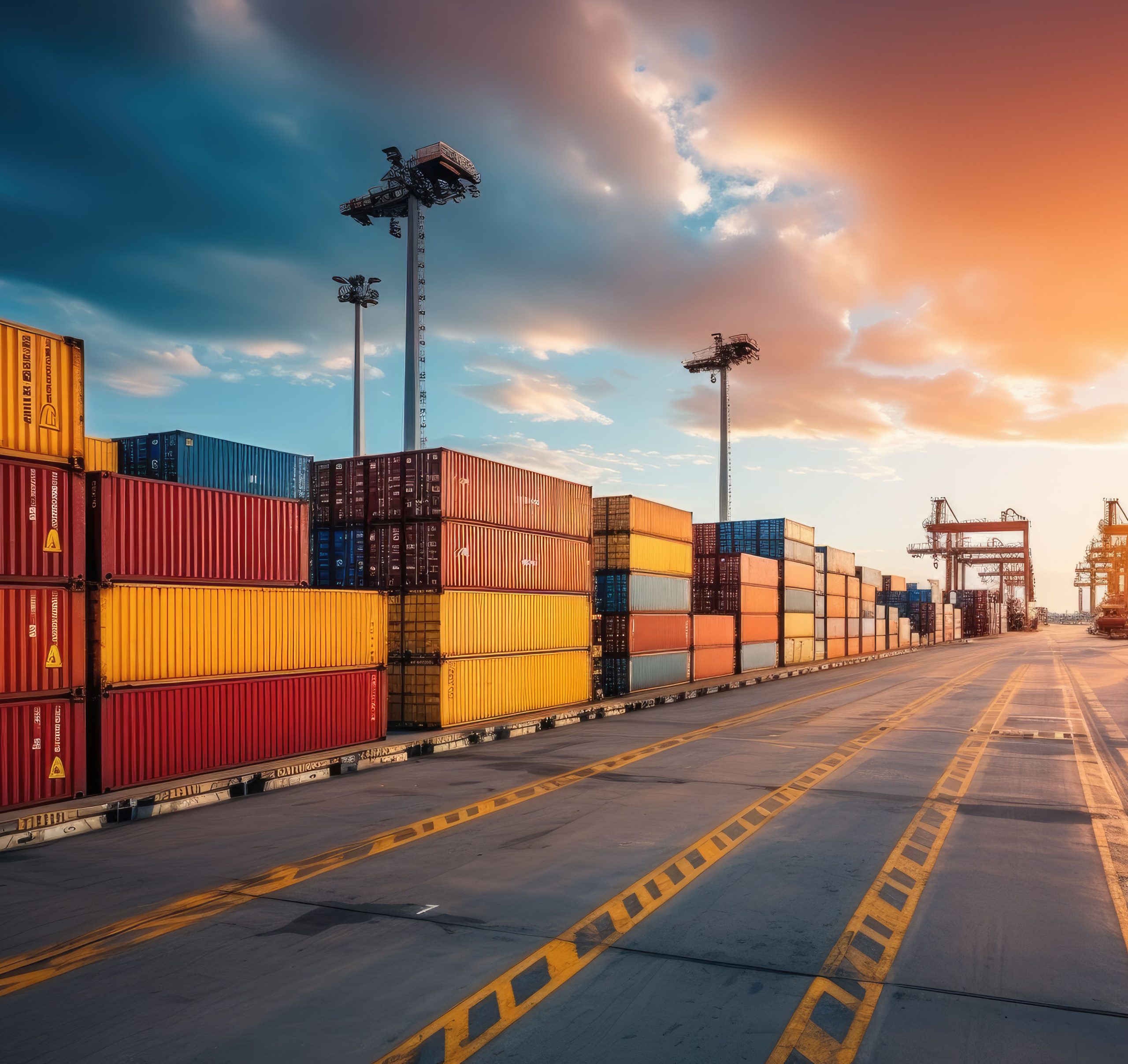 An image depicting logistics with a container truck, ship in port, and airplane for import export industry.by Generative AI.