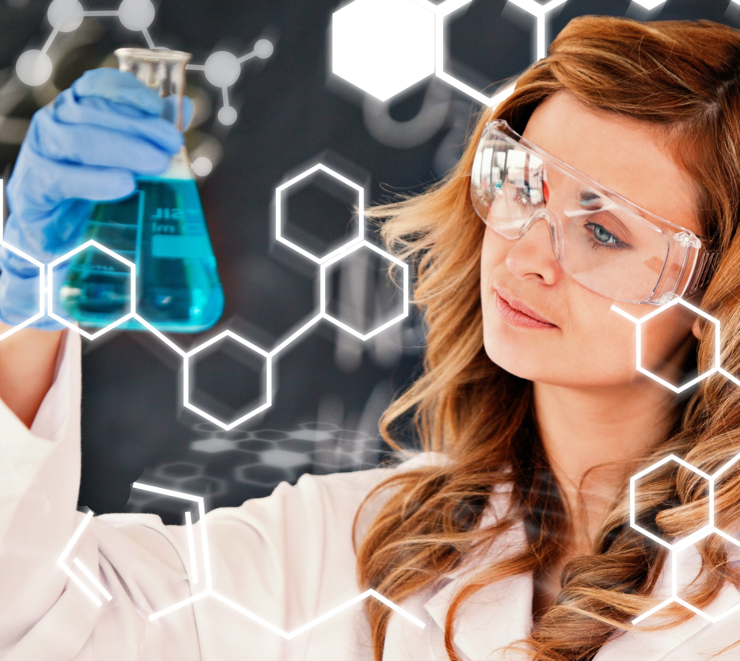 Science and medical graphic against beautiful female scientist looking at a flask