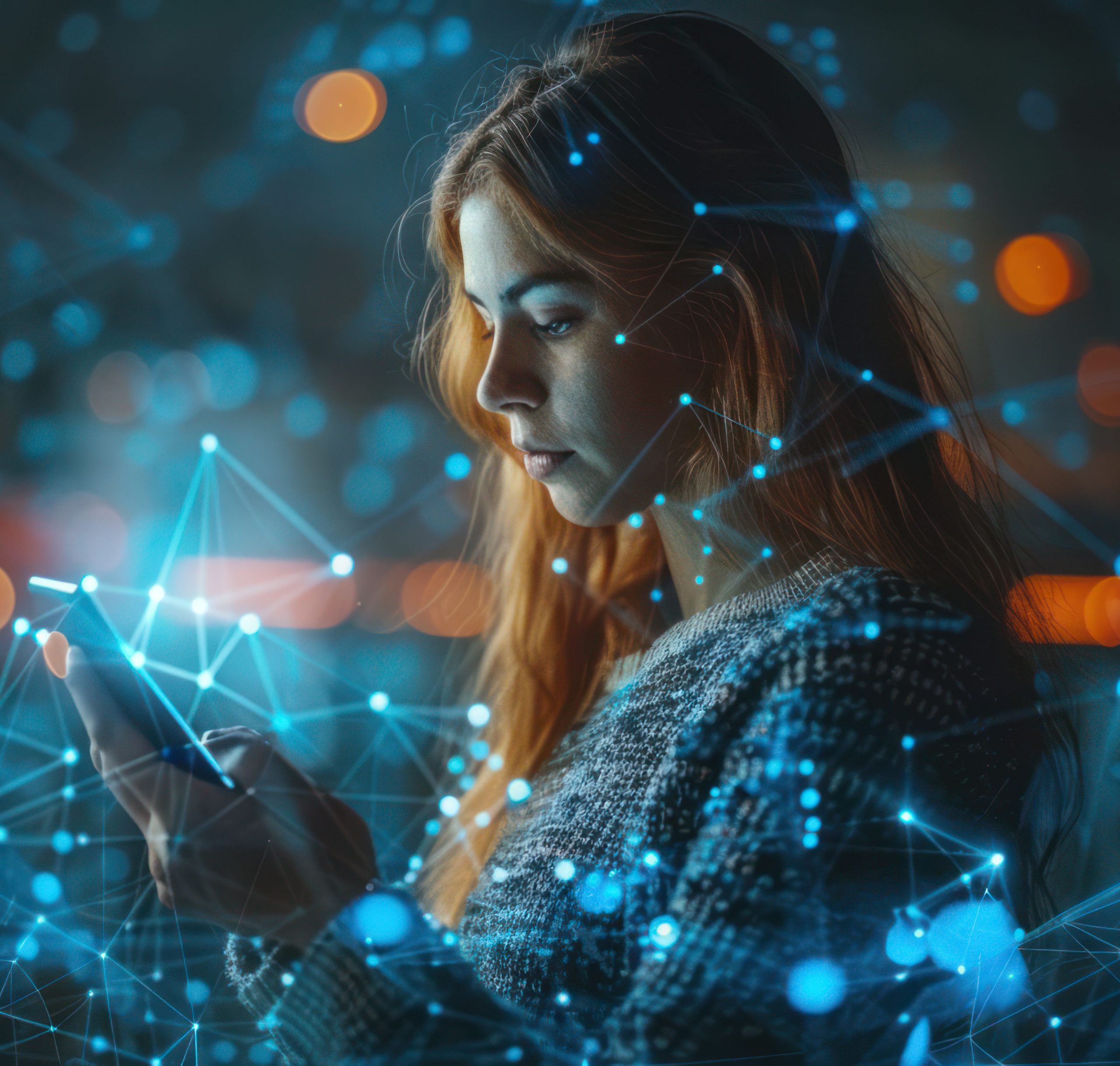 Woman Using Smartphone in a Digital Network
